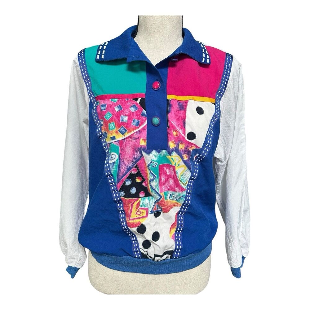 Vintage 90s Teddi Petite Abstract Colorblock Pullover Top Shoulder Pads PM